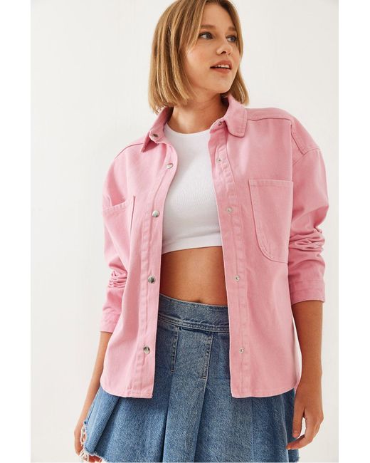 Bianco Lucci Pink Gabardine-Hemd Mit Quadratischem Taschendetail 4737 Für Damen