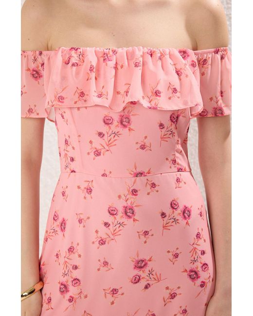 Trendyol Pink Rock Mit Blumenmuster, Gewelltes Midi-Kleid Mit Gewellter Taille Und Gewellter Taille Für Damen