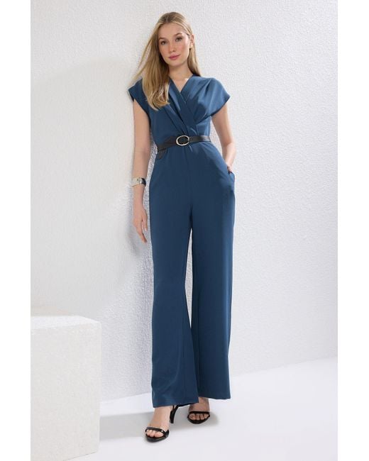 Trendyol Blue Petrolfarbener Maxi-Overall Mit Gürtel Und Zweireihigem Ausschnitt Für Damen