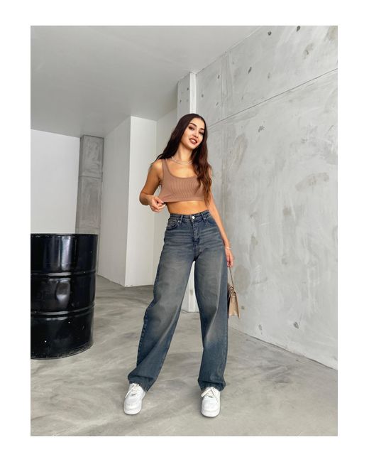 BİKELİFE Blue Locker Geschnittene, Bequeme Baggy-Jeanshose Mit Weitem Bein Für Damen
