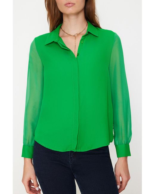 Trendyol Green Transparentes hellgrünes gewebtes hemd regular fit