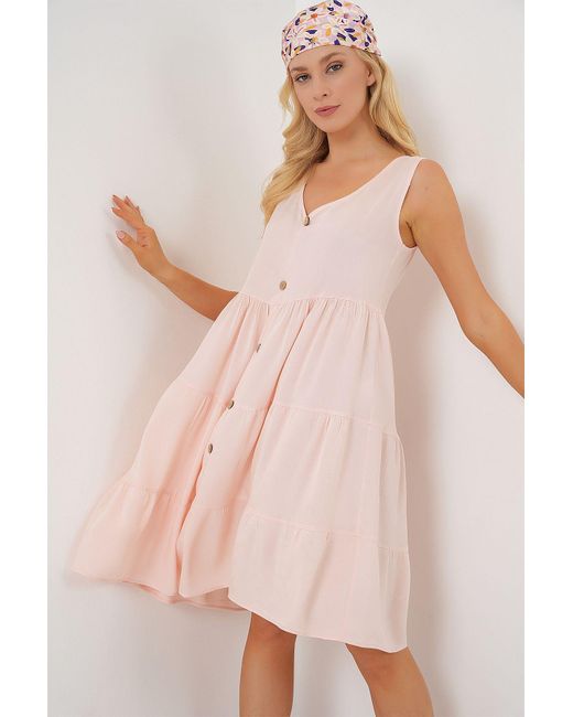 Bigdart Pink Zero Sleeve Button Short Dress 2571 Puder Für Damen