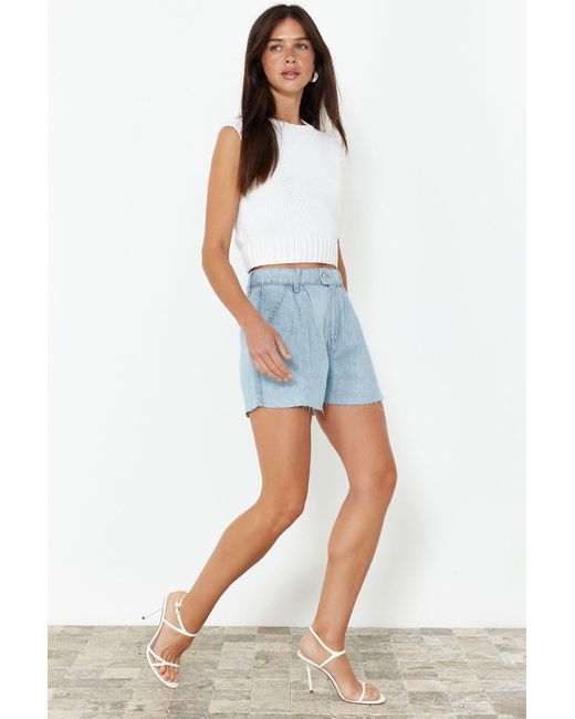 Trendyol Blue Helle shorts und bermuda mit hoher taille und plissee aus 100 % TM