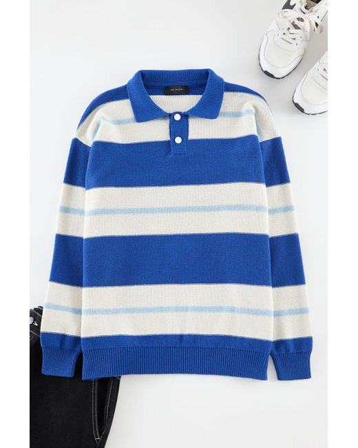 Trendyol Übergroßer, Gestreifter Saks-Strickpullover Mit Polokragen – Für Herren in Blue für Herren