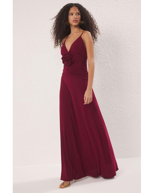 Trendyol Red Burgunderrotes, Detailliertes, Gestricktes Maxi-Abendkleid Mit Rosenmuster, Nachtabendkleid Für Damen
