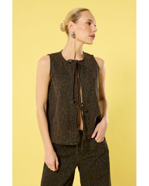 Trendyol Yellow Braune Denim-Weste Mit Leopardenmuster Und Schnürung Vorne Für Damen
