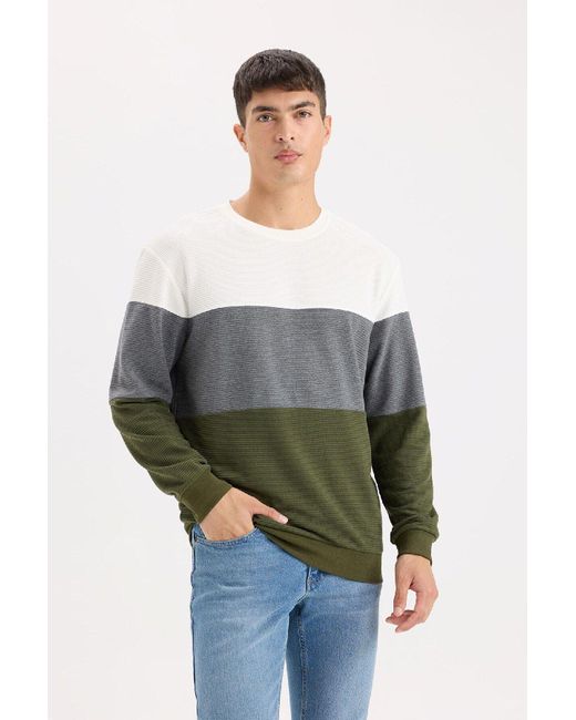 Defacto Farbblock-Jacquard-Sweatshirt Mit Normaler Passform Und Rundhalsausschnitt D5393Ax24Au Für Herren in Green für Herren