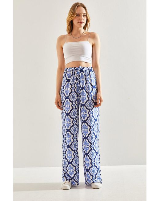 Bianco Lucci Blue Mehrfarbig Gemusterte Hose Elastischer Bund Für Damen
