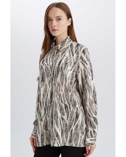 Defacto Brown Langarmshirt-Tunika Mit Normaler Passform Und Muster Für Damen