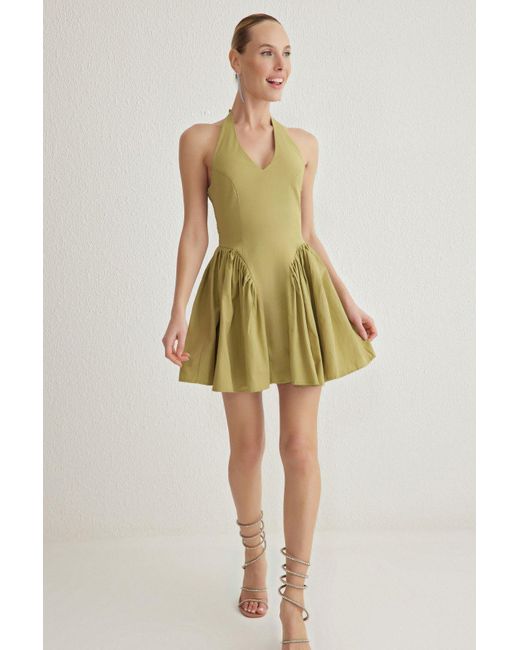 Trendyol Yellow Grünes, Gewebtes Popeline-Kleid Mit A-Ausschnitt Für Damen