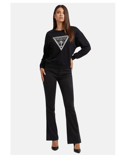 Guess Black Pullover unifarbener sweater crystal mesh mit rundhalsausschnitt und rippbündchen in regular fit
