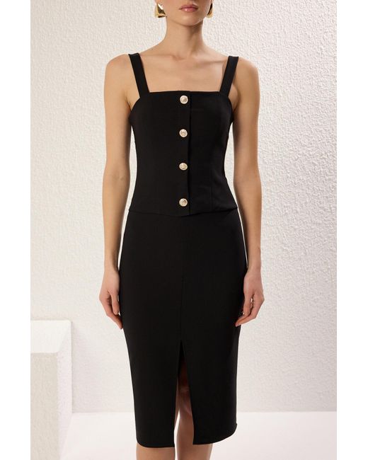 Trendyol Black Schwarzes, Körperbetontes, Gewebtes Midi-Kleid Mit Knopfdetail Für Damen