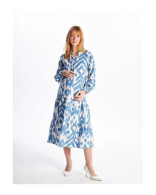 LC Waikiki Blue Gemustertes Umstandskleid Mit Langen Ärmeln Und Auslaufendem Kragen Für Damen