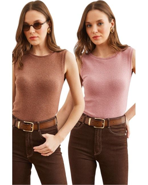 Olalook Multicolor Chocolate And Dusty Rose Bluse – Rundhalsausschnitt, Raster, 2Er-Pack Blz- 19002401 Für Damen