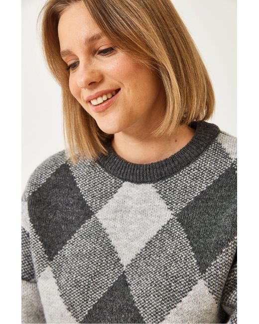 Bianco Lucci Gray Quadratisch Gemusterter Strickpullover Für Damen