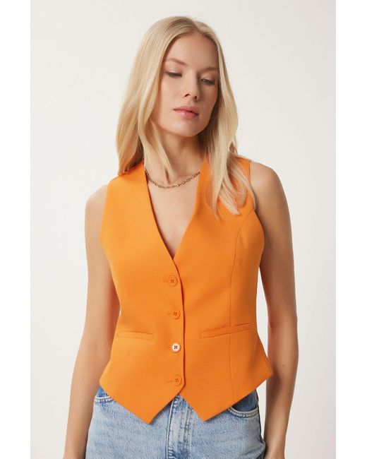 Happiness İstanbul Orangefarbene, Körperbetonte, Kurze, Gewebte Weste Für Damen
