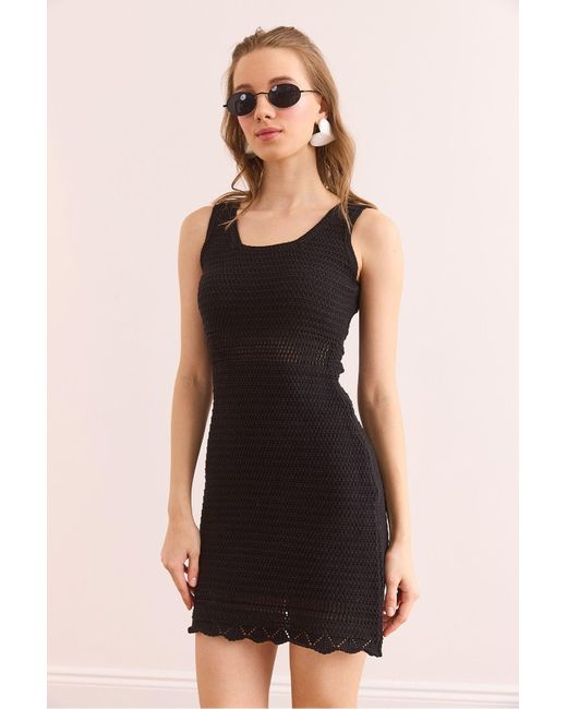 Olalook Black Schwarzes, Enges, Geflochtenes Mini-Baumwollkleid Mit Taillendetail Elb- 19002361 Für Damen