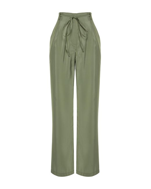 Trendyol Green Farbene, weite, gewebte hose mit modalanteil, dünnem gürtel und weitem bein, faltenwurf