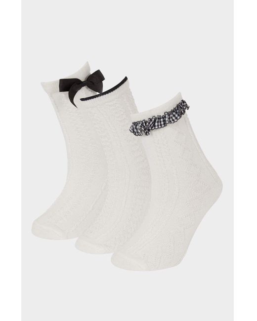 Defacto White 3-Teilige Lange Baumwollsocken Für Mädchen E6265A8Ns Für Damen