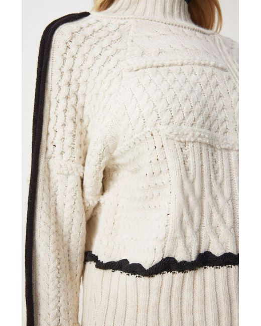 Happiness İstanbul White Schwarzer, Strukturierter Strickpullover – Knochenfarbenes Detail, Für Damen