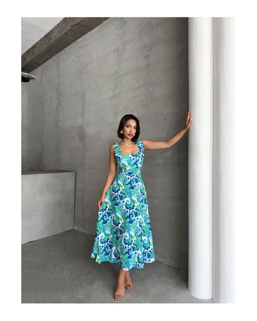 BEJNA Blue Rückenfreies, Gemustertes, Gewebtes Kleid Für Damen