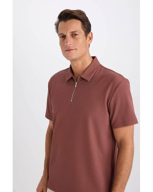 Defacto Kurzärmliges, Plissiertes Polo-T-Shirt Mit Halbem Reißverschluss Und Normaler Passform B7355Ax25Sp Für Herren in Red für Herren