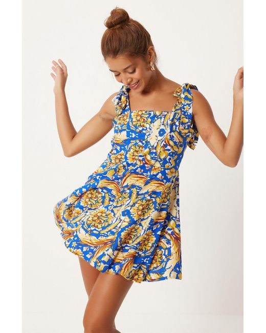 Happiness İstanbul Blue Gelbes Gemustertes Viskose-Minikleid – Dicke Träger, Sommer – Für Damen