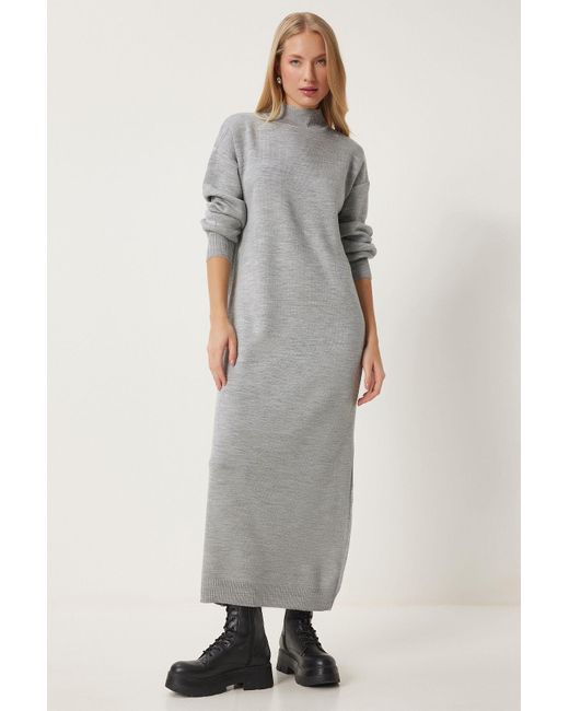 Happiness İstanbul Gray Graues Melange-Rollkragenpullover Langes Strickkleid Für Damen