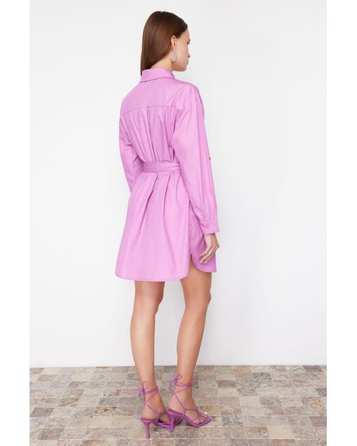 Trendyol Pink Fuchsiafarbenes Mini-Hemdkleid Aus Gewebter 100% Baumwolle Mit Gürtel Für Damen