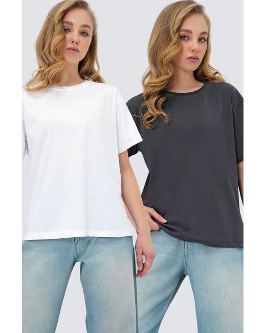 Trend Alaçatı Stili Gray Anthrazit 2Er-Pack Basic-T-Shirt Mit Rundhalsausschnitt Für Damen