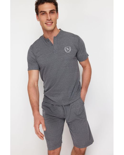 Trendyol Pyjama-set mit geräuchertem knopfkragen und normaler passform, gestrickten shorts in Gray für Herren