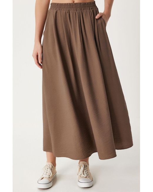 Happiness İstanbul Brown Brauner Langer, Ausgestellter, Gewebter Rock – Mit Taschen, Für Damen