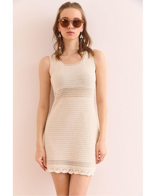 Olalook Natural Mini-Baumwollkleid Mit Eng Anliegendem Strickmuster Und Detaillierter Taille Elb- 19002361 Für Damen