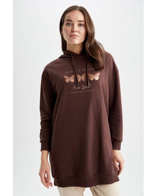Defacto Brown Oversize-fit-sweatshirt-tunika mit rundhalsausschnitt und slogan-print