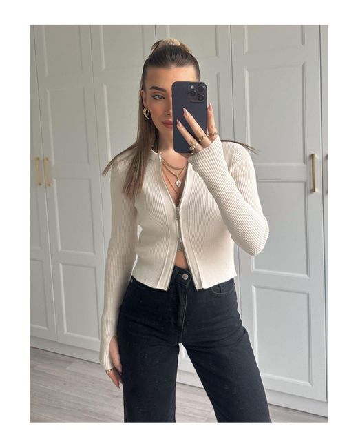 sinemkivanc co Blue Ecrufarbener, Verstellbarer Cardigan Mit Doppeltem Reißverschluss Und Handverschluss – 14506 Für Damen