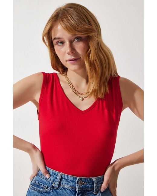 Happiness İstanbul Red Rote Bluse Aus Viskose Mit Tiefem V-Ausschnitt Für Damen