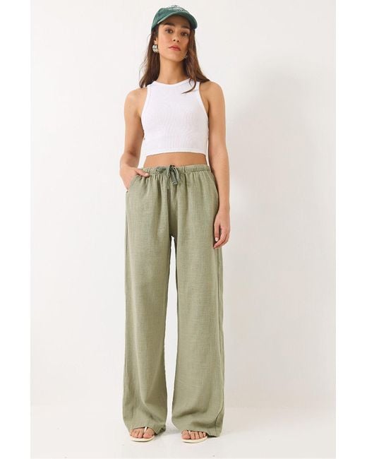 Bianco Lucci Green Palazzo-Hose Aus Leinen Mit Taillenband Und Taschendetail R6675 Für Damen