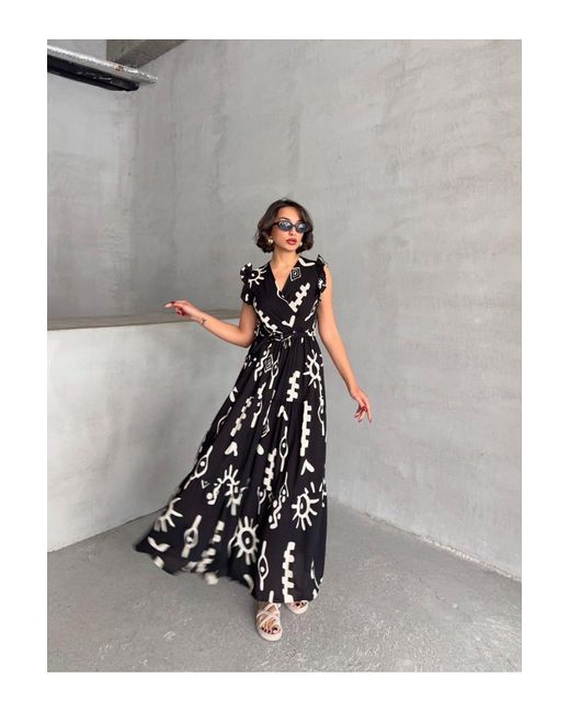 BEJNA Black Schwarzes, Gewebtes Kleid Mit Fliegenärmeln Und Zweireihigem Ausschnitt Für Damen