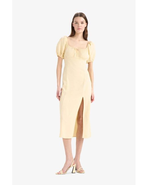 Defacto Natural A-Linien-Sommerkleid Mit V-Ausschnitt, Leinenmischung, Schlitz, Kurze Ärmel, Midi-Sommerkleid F0534Ax25Sm Für Damen