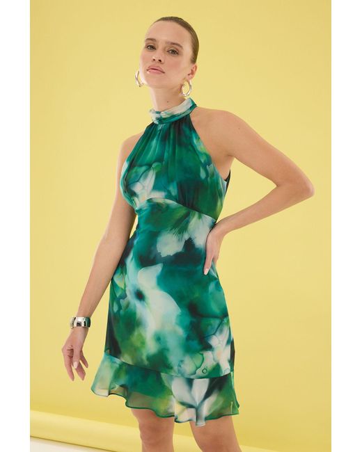 Trendyol Yellow Grünes, Florales, Gerüschtes Mini-Webkleid