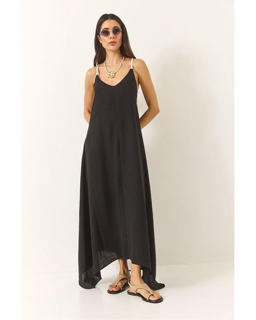 Bianco Lucci Black Freizeitkleid Aus Leinen Mit Gestrickten Trägern Und Asymmetrischem Rock 5937 Für Damen