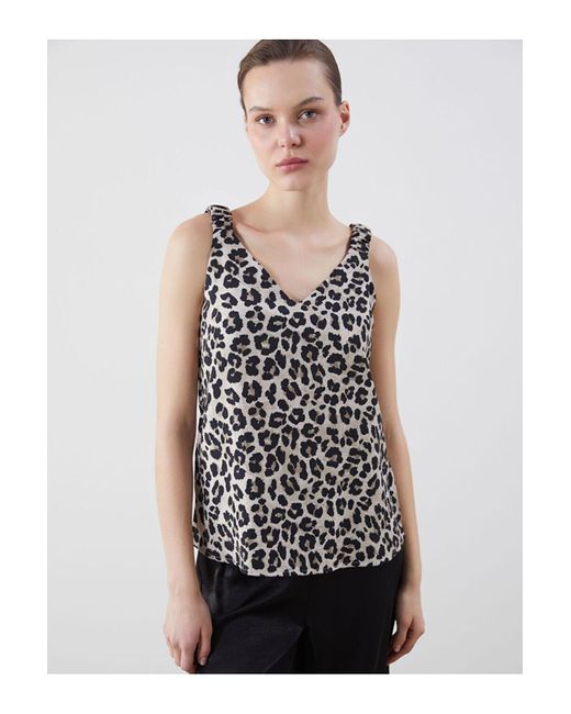 LC Waikiki White Lcwaikiki Klassische Bluse Mit V-Ausschnitt Und Leopardenmuster Für Damen