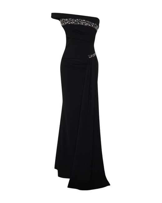 Trendyol Black Es, einärmliges, juwelenbesetztes langes abendkleid mit accessoires