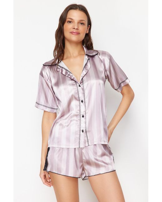 Trendyol White Lila- gestreiftes pyjama-set aus gewebtem satin
