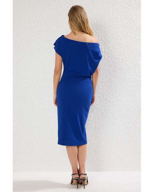 Trendyol Blue Saks Midi-Kleid Mit Raffung/Drapierung Und Detailliertem Strickkleid Für Damen