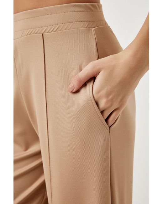 Happiness İstanbul Natural Dunkelbeige Scuba Palazzo-Hose Mit Hoher Taille Für Damen