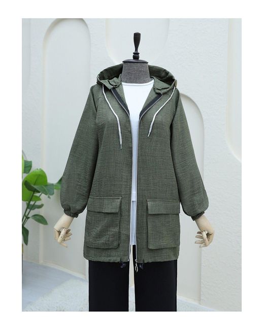 Modamorfo Green Khakifarbene Leinenkappe Mit Taschentasche, Elastischem Saum Und Reißverschlussdetail Für Damen