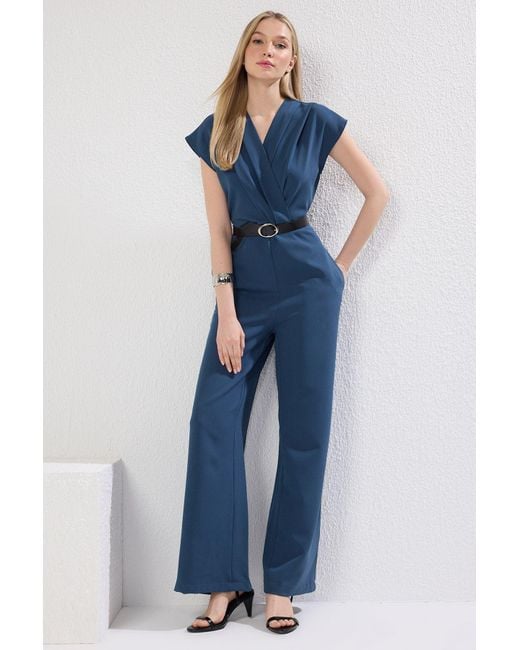 Trendyol Blue Petrolfarbener Maxi-Overall Mit Gürtel Und Zweireihigem Ausschnitt Für Damen