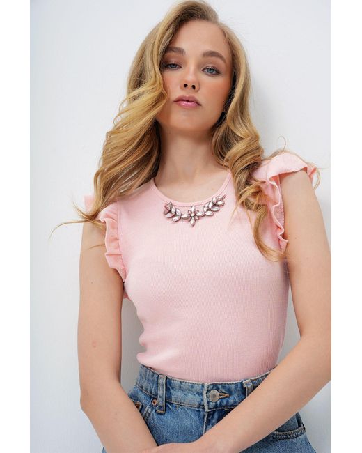 Trend Alaçatı Stili Multicolor Rosafarbene Camisole-Bluse Mit Metallaccessoire Und Rüschenärmeln Für Damen