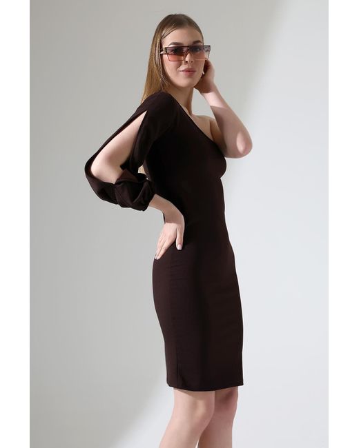 Deafox Black Braunes Importiertes Kleid Aus Kreppstoff Mit One-Shoulder-Ärmeln Für Damen